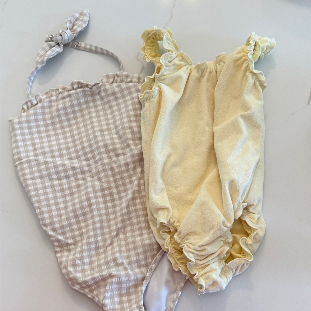Charming Yellow and Checkered Kids Swim One Piece